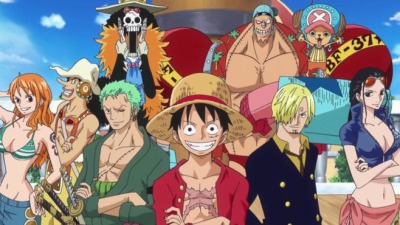 Luffy with his friends in One Piece
