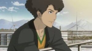 Lexica  male whos mixed black and white curly hair anime style