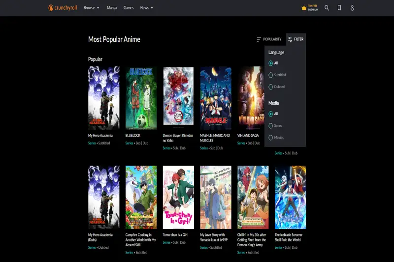 Crunchyroll Filter Menu 