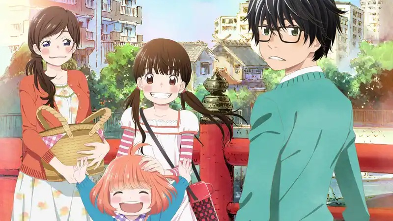 A group of four anime characters from the series March Comes In Like a Lion are shown outdoors.