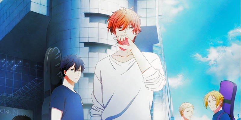 Promotional artwork for the anime film Given 3: To the Sea features four male characters standing outside a tall glass building under a bright blue sky. The central character has orange hair and wears a white long-sleeved shirt. To his left is a character with black hair in a blue t-shirt. To his right is a character with blonde hair carrying a purple guitar case.