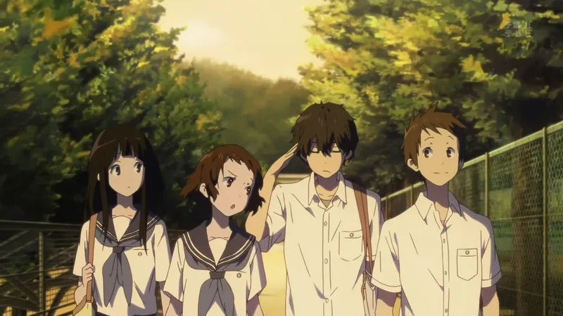 Four anime characters, two boys and two girls in school uniforms, stand together outdoors in a sunlit, tree-lined area.