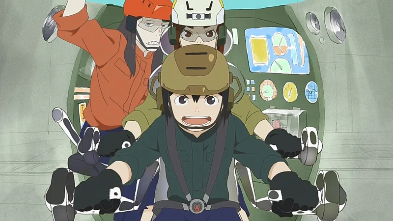 Three characters from the anime series Keep Your Hands Off Eizouken! inside the cockpit of a fictional vehicle.