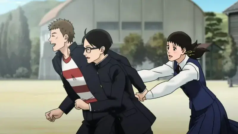 The image is from the anime series Kids on the Slope (Sakamichi no Apollon). It features the main characters: the delinquent Sentarō Kawabuchi (left, in a striped shirt under his uniform jacket), the introverted Kaoru Nishimi (center, in glasses), and Ritsuko Mukae (right, in a school uniform dress). The scene captures a moment of friendship and joy as they run down the slope from their high school.