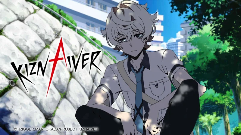 Anime character Katsuhira Agata from the series Kiznaiver sitting down outdoors. The series title is visible in the upper left with a stylized red "N".