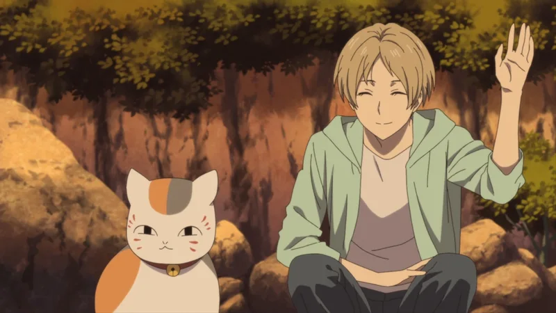 An anime image showing a young man with light brown hair, wearing a light green jacket over a grey shirt, sitting down and waving with his right hand. Next to him on the left is a white, orange, and grey cat-like creature with a red collar and bell. They are outdoors with a cliff face and foliage in the background, likely characters from the anime Natsume's Book of Friends.