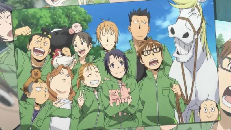 A group photo of characters from the anime/manga Silver Spoon, including main protagonists and farm animals.