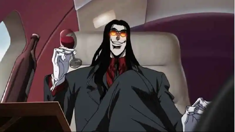 Alucard from the anime Hellsing, a tall man with long black hair, orange-tinted sunglasses, and a wide grin, sits in a seat holding a glass of red wine, with a wine bottle next to him.