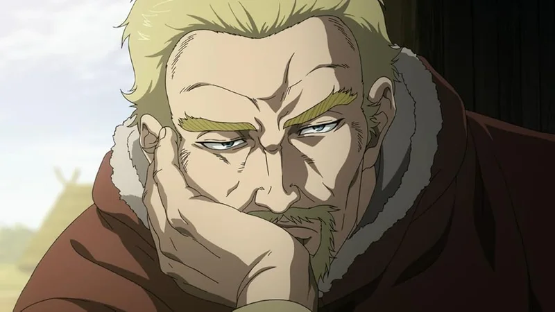 A close-up of Askeladd from the anime Vinland Saga resting his chin on his hand with a contemplative or slightly smirk expression.