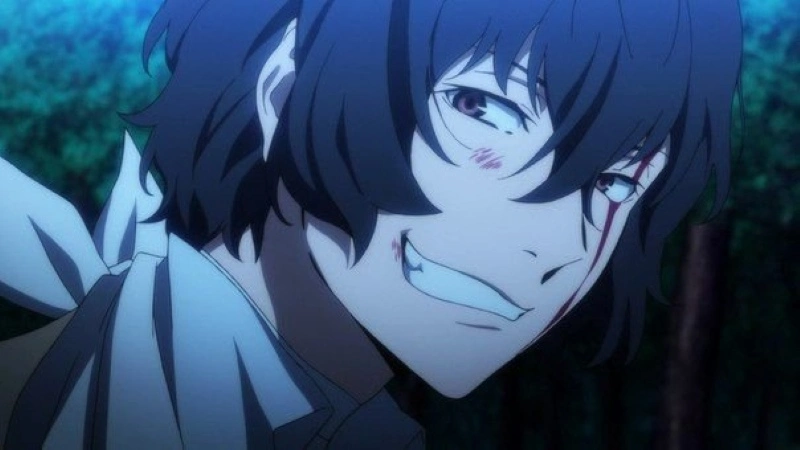A close-up anime shot of Osamu Dazai from Bungo Stray Dogs, a young man with dark, wavy hair, and narrow dark brown eyes. He has a sinister, wide smile on his face, and there are a few streaks of blood near his left eye and cheek. He is wearing a white shirt with a loose white tie or scarf around his neck.