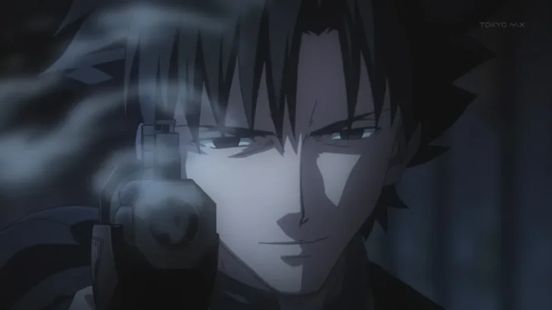 A man in an anime style is pointing a gun at the camera with a determined expression, smoke rising from the barrel in a dark environment. 