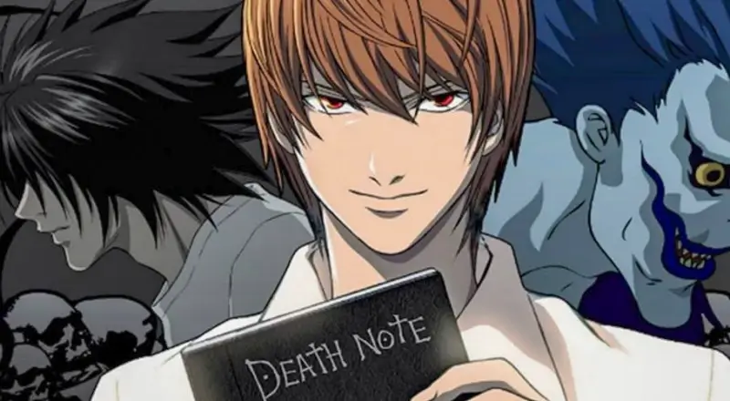 An image featuring the main characters from the anime Death Note. In the foreground, Light Yagami is shown smiling while holding a black notebook titled "DEATH NOTE". In the background, the characters L (left) and Ryuk (right) are partially visible. 