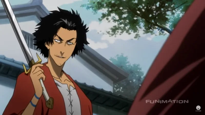 A still from the anime series Samurai Champloo features the character Mugen. He is a man with spiky black hair, wearing a red open shirt and white undershirt, holding a uniquely shaped sword with his right hand. He is looking off to the side with a confident expression. The background shows a traditional Japanese architectural setting. 