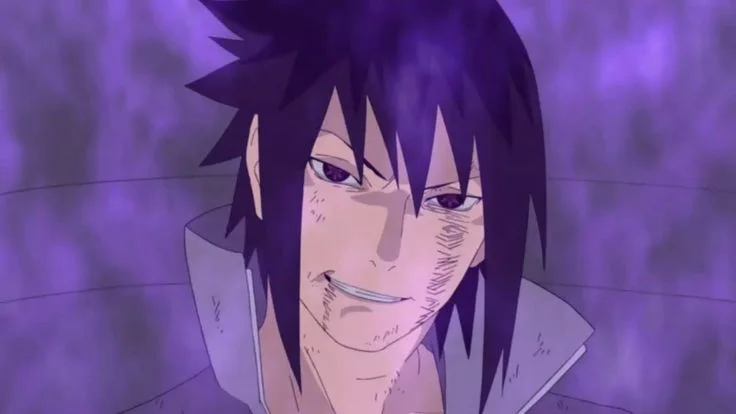 An anime character with spiky dark purple hair and purple eyes, a slight smirk, and facial scratches, surrounded by a swirling purple aura.