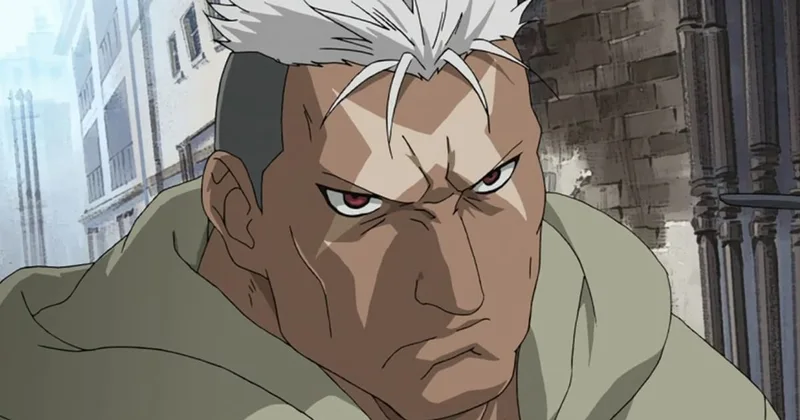 A close-up anime illustration of the character Scar from Fullmetal Alchemist, a man with dark skin, white hair, red eyes, and a large X-shaped scar on his forehead.