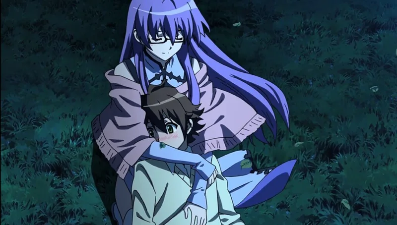 An anime image showing the character Sheele hugging Tatsumi in a dark, outdoor setting, from the series Akame ga Kill!. 