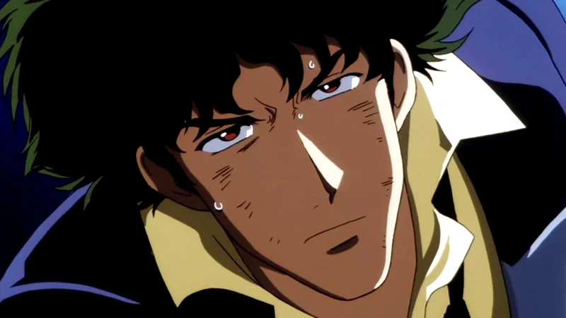 A close-up illustration of Spike Spiegel, the main character from the anime series Cowboy Bebop, with a serious, intense expression on his face. 