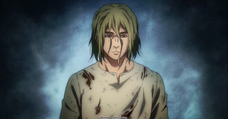 The alt text for this picture is: A somber illustration of the character Thorfinn from the anime Vinland Saga Season 2, featuring him with light brown hair and bloodstains on his plain tunic. He has faint marks on his face and a dark, misty background. 