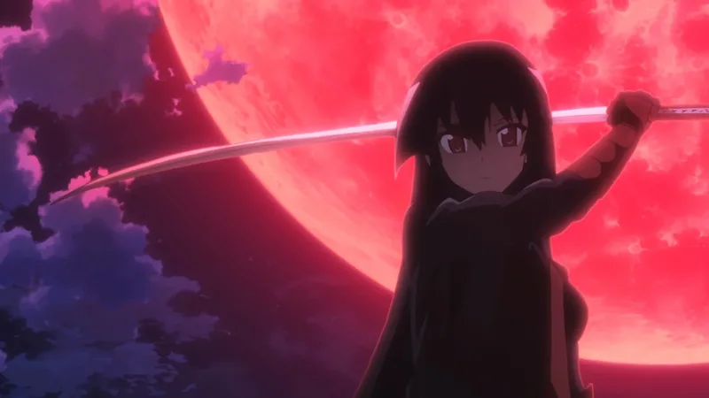 A young woman with long black hair, identified as the character Akame from the anime series Akame ga Kill!, holds a katana sword in a battle stance against a backdrop of a large, glowing red moon and a dark, cloudy sky. 