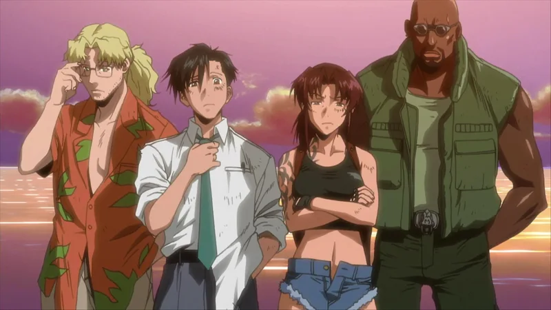Four characters from the anime Black Lagoon standing together, from left to right: Benny, Rock, Revy, and Dutch.