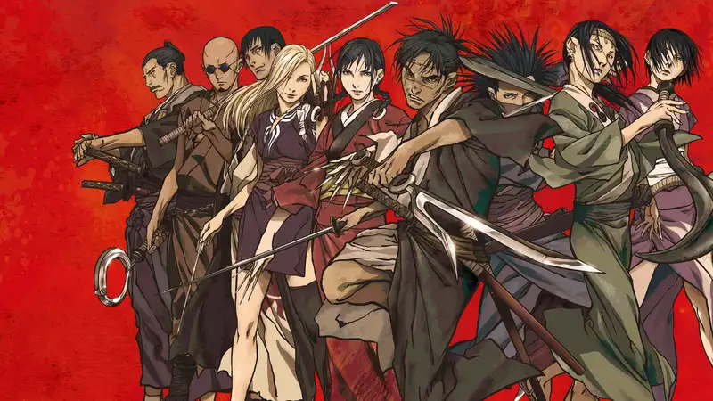 A group of nine characters from the anime and manga series Blade of the Immortal are depicted in a dynamic pose against a solid red background. The characters, mostly samurai, are dressed in traditional Japanese attire and are armed with various unique blades and weapons, appearing ready for battle. The central figures are the immortal swordsman Manji and the young girl Rin, who seeks vengeance for her family.
