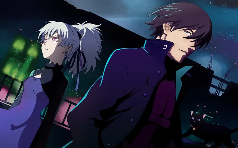 An illustration of Hei and Yin from the anime Darker than Black, standing in a dark urban setting at night, with a black cat in the foreground.