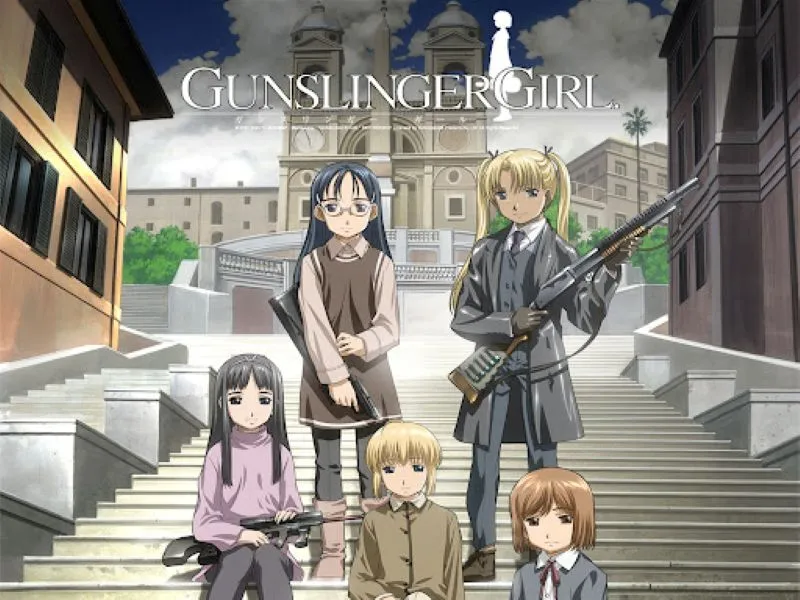 A key visual for the anime and manga series Gunslinger Girl, featuring five young female characters posing on a wide stone staircase in what appears to be an Italian city setting. The central character on the right wears a grey military-style jacket and holds a large rifle. Other characters are dressed in various casual outfits, and the title "GUNSLINGER GIRL" is displayed at the top of the image. 
