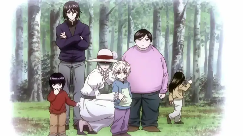 A group of six characters, identified as the Zoldyck family from the anime series Hunter x Hunter, stands together in a forest clearing. 