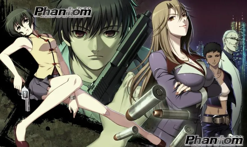 Promotional art for the anime series Phantom: Requiem for the Phantom, featuring five main characters and a large handgun.