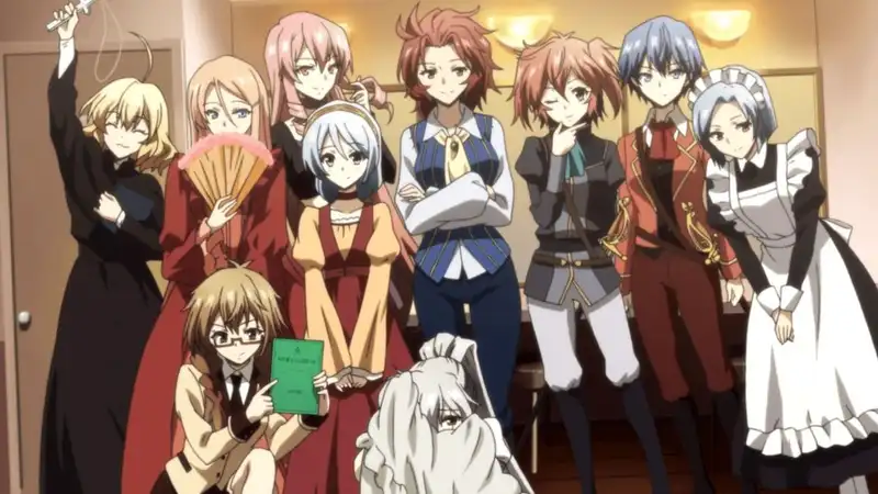 A group photo of the main cast from the anime series Riddle Story of Devil (Akuma no Riddle), featuring thirteen female characters in various school uniforms and outfits standing together in a room. Haru Ichinose, one of the main protagonists and the target of the assassins, is visible among the group. 