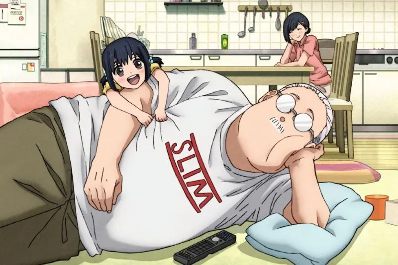 An older man with glasses is lying on the floor relaxing while a cheerful young girl climbs onto his back. A woman in the background sits at a kitchen table smiling at them. The scene is warm and domestic, with soft lighting and a cozy home atmosphere.