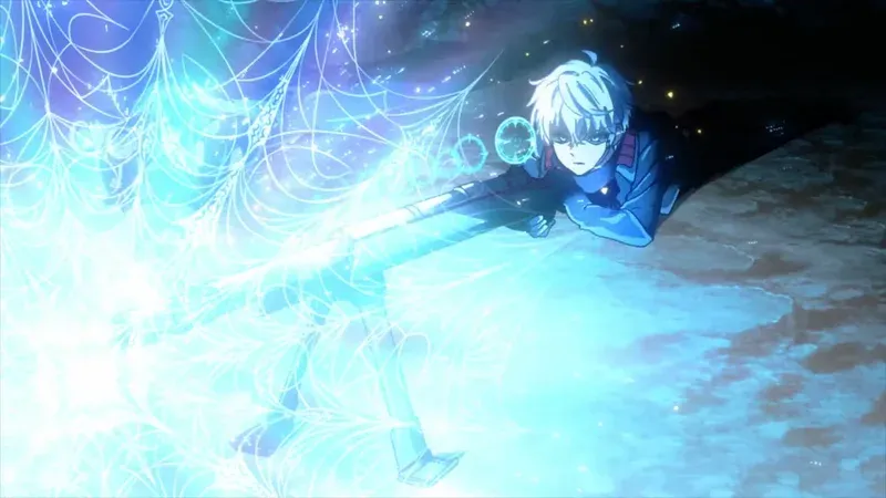 A young man with white hair and blue eyes, likely Lugh Tuatha Dé from The World's Finest Assassin Gets Reincarnated in Another World as an Aristocrat anime, crouches as he generates a vast amount of bright blue, glowing magical energy in intricate, web-like patterns. 