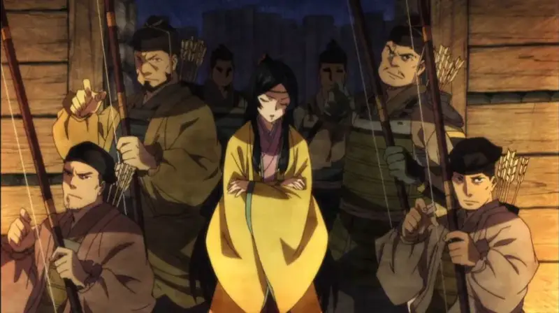 A still from the anime Angolmois: Record of Mongol Invasion showing a group of Japanese warriors, most armed with bows, surrounding a central female character in a yellow and pink kimono.