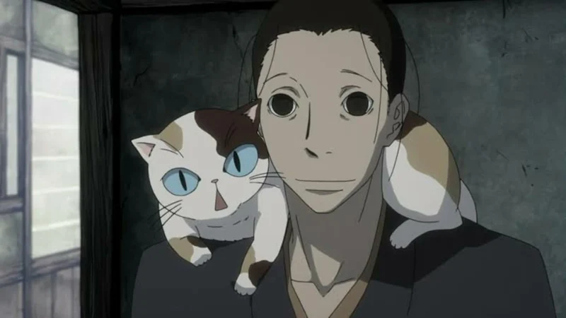 A close-up of the anime character Yaichi from the series House of Five Leaves, who has a white and brown cat with blue eyes sitting on his left shoulder. 