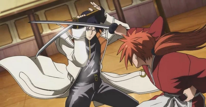 Himura Kenshin fighting his rival Shinomori Aoshi