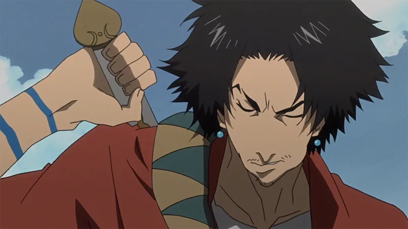 A smirking Mugen in the process of taking out his sword