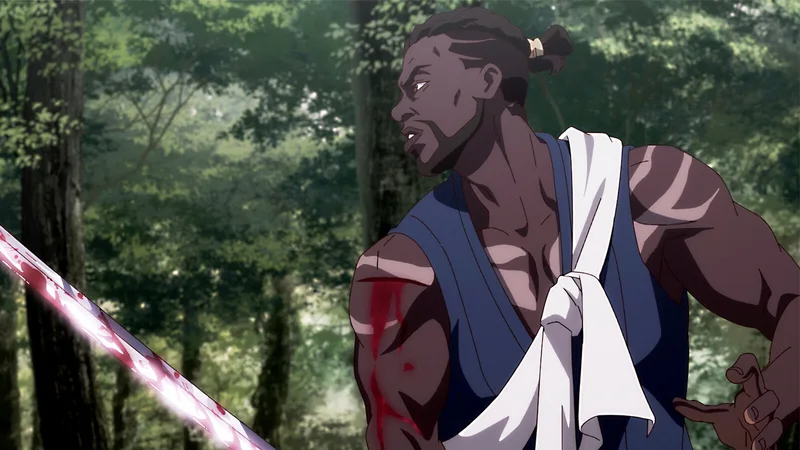 A muscular, dark-skinned man with a beard and topknot, wearing blue and white traditional Japanese clothing, looks intensely to the left in a forest. A glowing, bloodied sword blade is visible in the foreground.