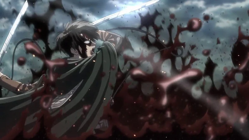 A dynamic shot from the anime Attack on Titan featuring the character Levi Ackerman during an intense battle, specifically against the Beast Titan. 