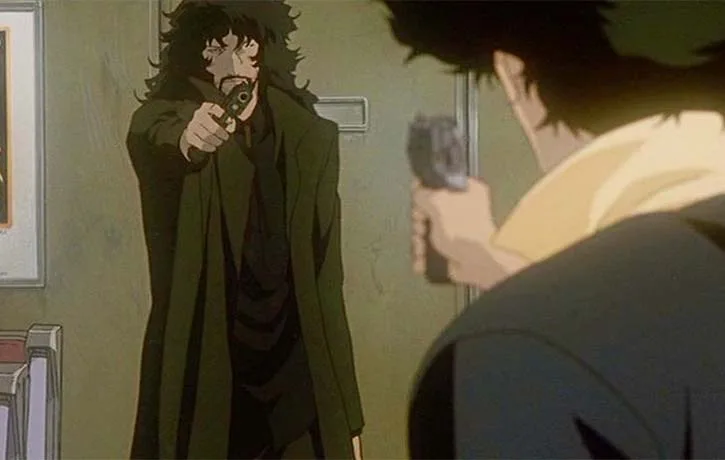 An animated image showing the character Vincent Volaju pointing a handgun at Spike Spiegel, who is partially visible from the back, in an indoor scene from Cowboy Bebop: The Movie. 