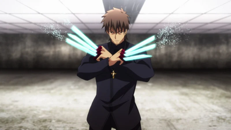 A man in a black cassock with a cross necklace stands in a concrete room, holding his hands crossed in front of him, with four glowing blue blades extending from each hand, ready for combat.