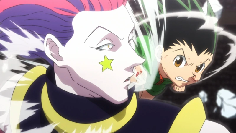 An anime image showing Gon Freecss punching Hisoka in the face during a fight. 