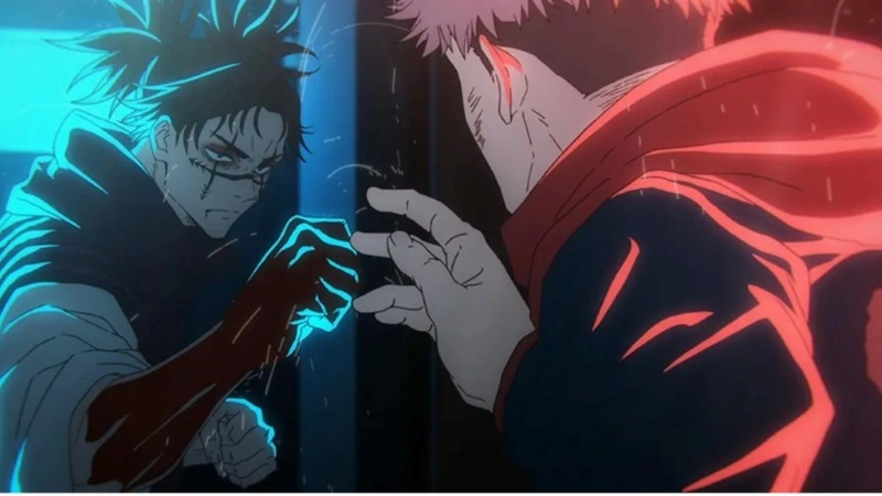 A dynamic shot from the anime Jujutsu Kaisen depicting a fight scene between characters Choso and Yuji Itadori. On the left, Choso stands facing forward with a serious, intense expression, visible stitches on his face, and his right hand, covered in blood, reaching out. On the right, Yuji Itadori is viewed from a side and back angle, wearing a red hoodie and facing Choso in a fighting stance. The background is dimly lit with contrasting blue and red lighting, suggesting an intense confrontation. 