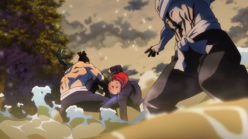 Three male characters from the anime series Jujutsu Kaisen engaged in a physical fight, with water splashing around them.