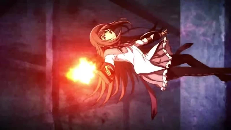 Anime character Homura Akemi, wearing a white dress and black tights, in an action pose firing a bright red energy blast from her left hand in a dark, ruined environment.