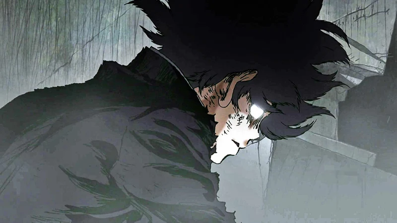 Black and white anime image of Mob Psycho with glowing eyes in a state of extreme anger or "Explosion".