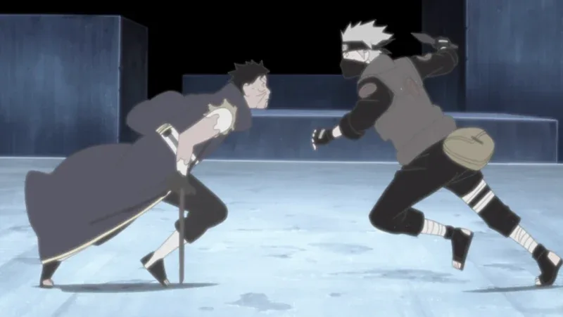 wo anime characters, Kakashi Hatake and Obito Uchiha, are shown in dynamic fighting stances on a stark white ground with large grey block structures in the background.