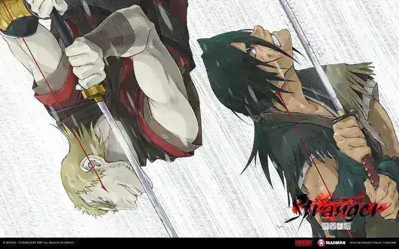 An illustration from the anime movie Sword of the Stranger showing two male characters engaged in a sword fight in the rain. The character on the left has blond hair and is partially inverted in the image, while the character on the right has black hair and appears to be a Chinese assassin. Both are wielding katanas in mid-action. 