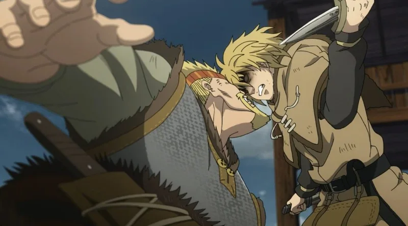 Animated scene of two characters engaged in an intense close-quarters fight. A blond young warrior leaps forward with a knife raised, pressing his forehead against a larger armored opponent who braces for impact.