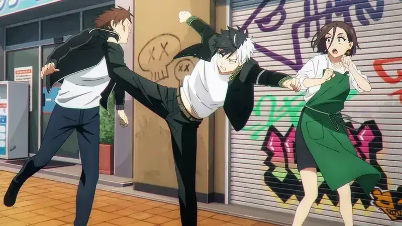 An anime screenshot from the series Wind Breaker where the protagonist, Haruka Sakura, is mid-air delivering a kick to an opponent in a street fight while a female character looks on in surprise.