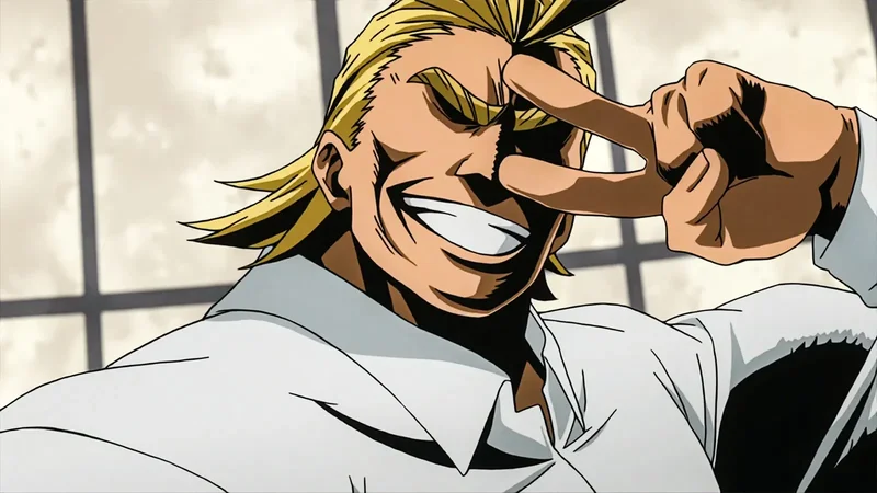 All Might, the character from the anime My Hero Academia, smiling brightly and making a peace sign over his eye.